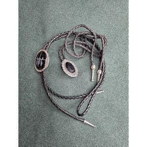 Lot of 2 Western Leather Bolo Ties Black Nickel Plate Oval Slide